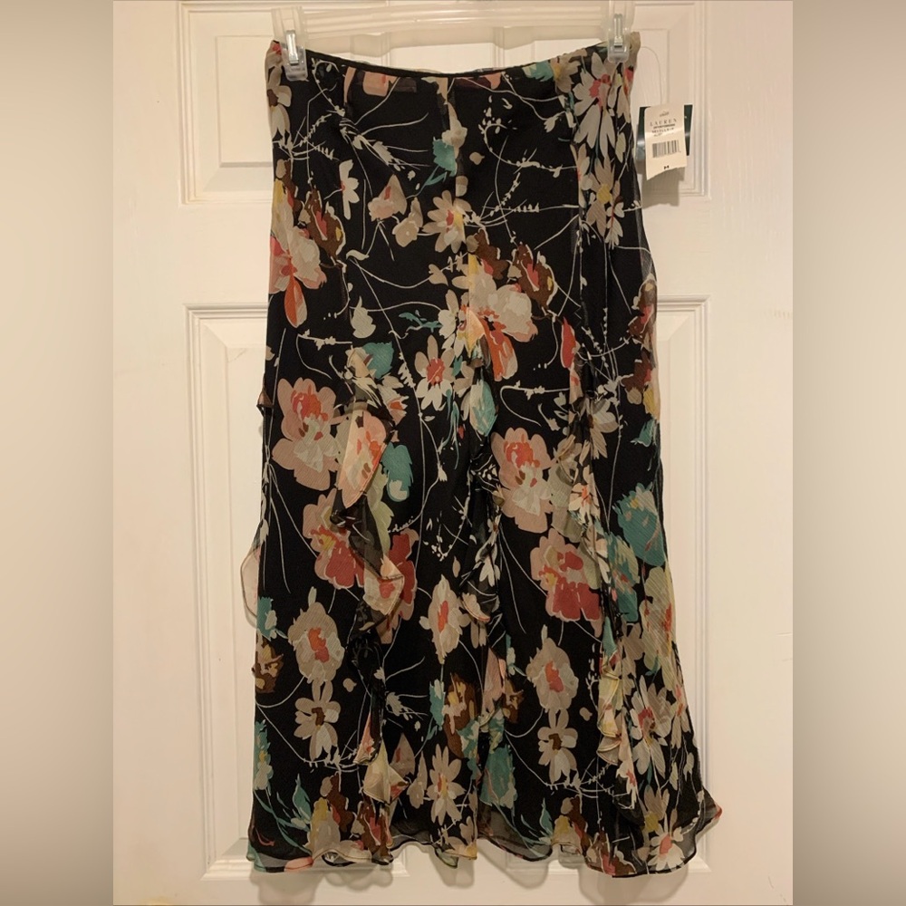 NWT Ralph Lauren Silk Petite M Black Floral Ruffle Lined Midi Skirt A Line Women